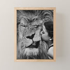 Grouchy Lion being kissed by brunette girl black and white photography Mini Art Print Gallery Image 1