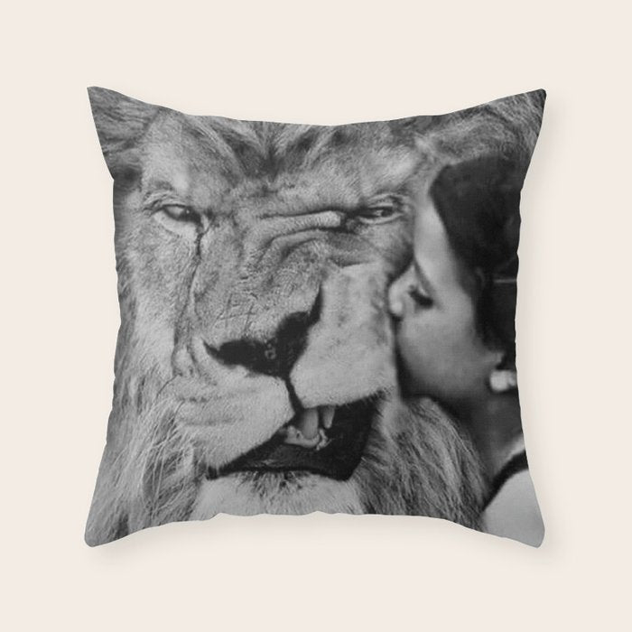 Grouchy Lion being kissed by brunette girl black and white photography Throw Pillow Gallery Image 1