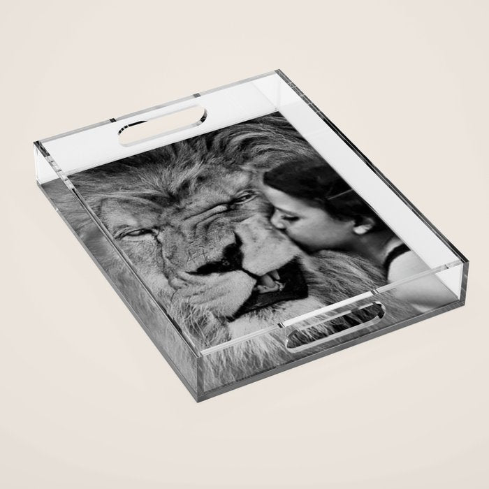 Grouchy Lion being kissed by brunette girl black and white photography Acrylic Tray Gallery Image 1