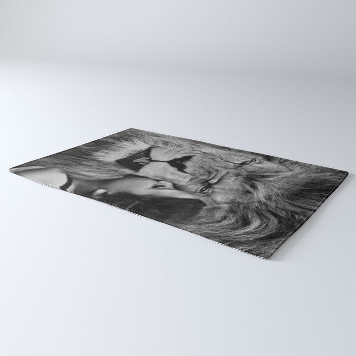 Grouchy Lion being kissed by brunette girl black and white photography Rug Gallery Image 3