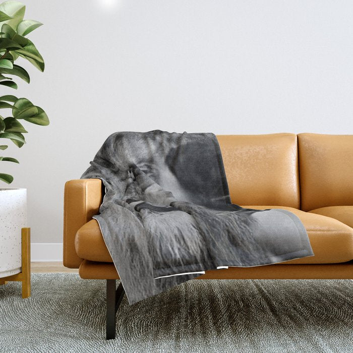 Grouchy Lion being kissed by brunette girl black and white photography Throw Blanket Gallery Image 1
