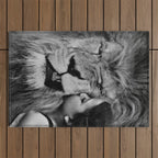Grouchy Lion being kissed by brunette girl black and white photography Outdoor Rug Gallery Image 1