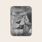 Grouchy Lion being kissed by brunette girl black and white photography Bath Mat Gallery Image 1