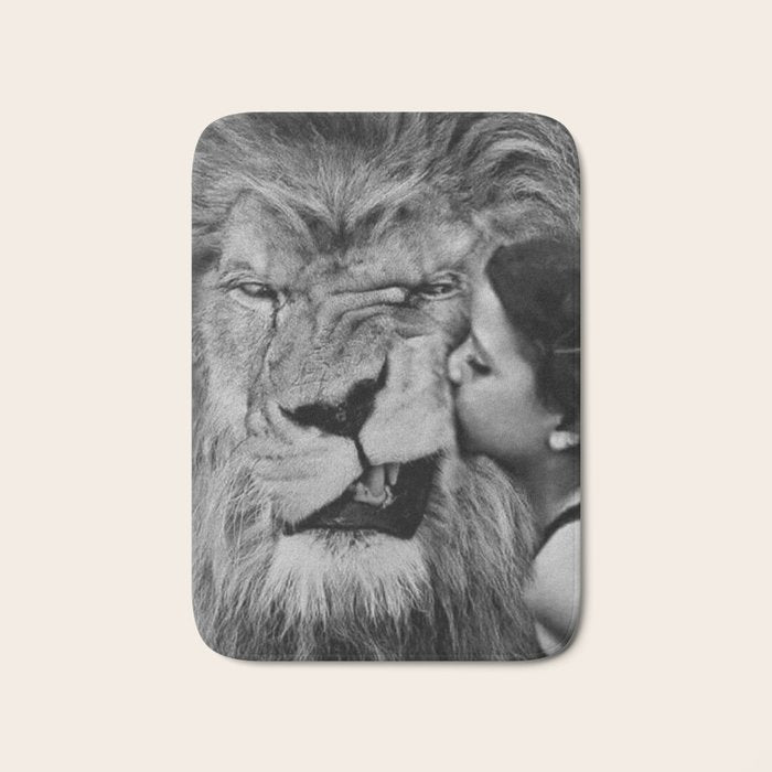 Grouchy Lion being kissed by brunette girl black and white photography Bath Mat Gallery Image 1