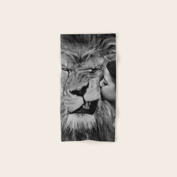 Grouchy Lion being kissed by brunette girl black and white photography Bath Towel Gallery Image 1