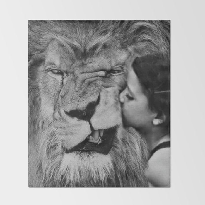 Grouchy Lion being kissed by brunette girl black and white photography Throw Blanket Gallery Image 2