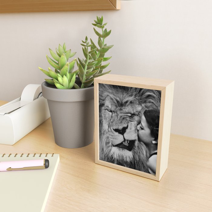 Grouchy Lion being kissed by brunette girl black and white photography Mini Art Print Gallery Image 2