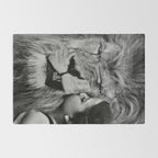 Grouchy Lion being kissed by brunette girl black and white photography Rug Gallery Image 2