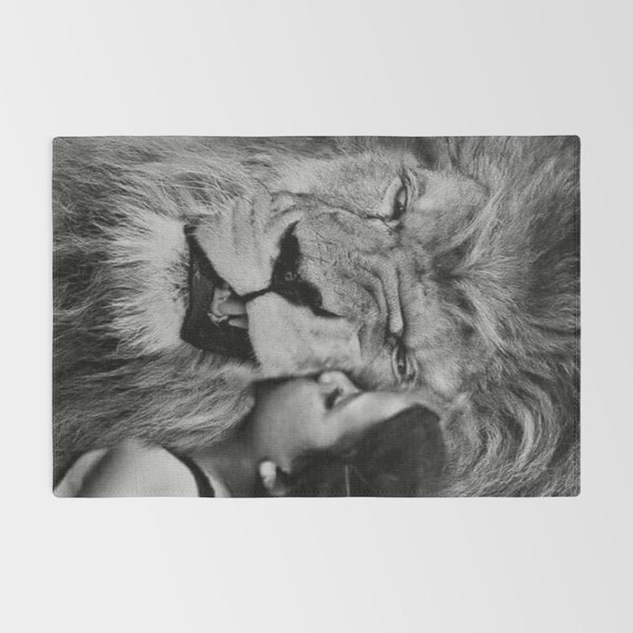 Grouchy Lion being kissed by brunette girl black and white photography Rug Gallery Image 2