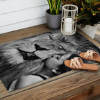 Grouchy Lion being kissed by brunette girl black and white photography Outdoor Rug Gallery Image 2