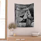 Grouchy Lion being kissed by brunette girl black and white photography Wall Tapestry Gallery Image 2