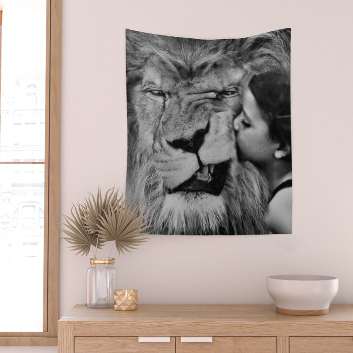 Grouchy Lion being kissed by brunette girl black and white photography Wall Tapestry Gallery Image 2