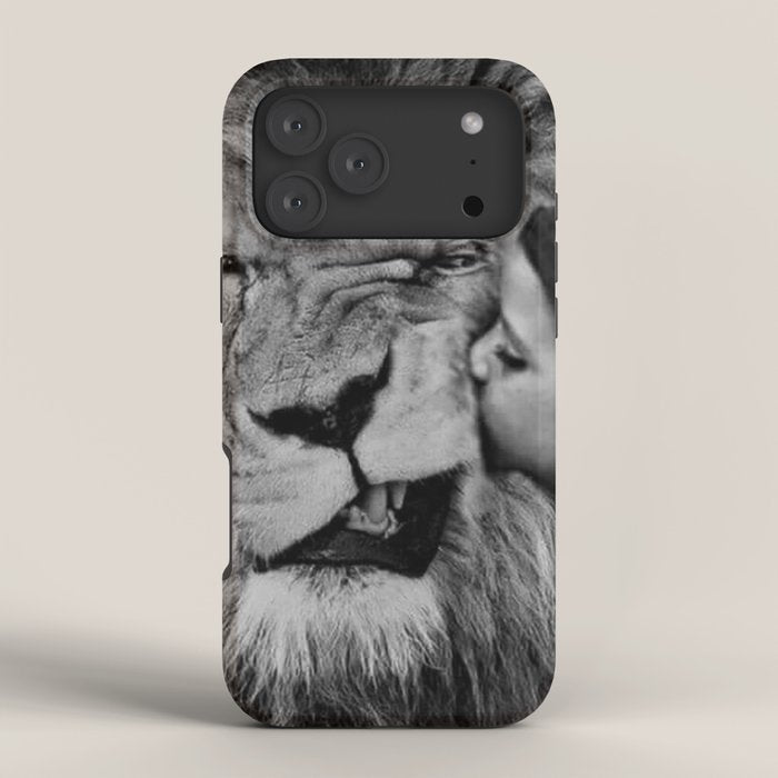 Grouchy Lion being kissed by brunette girl black and white photography iPhone Case Gallery Image 4
