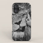 Grouchy Lion being kissed by brunette girl black and white photography iPhone Case Gallery Image 1