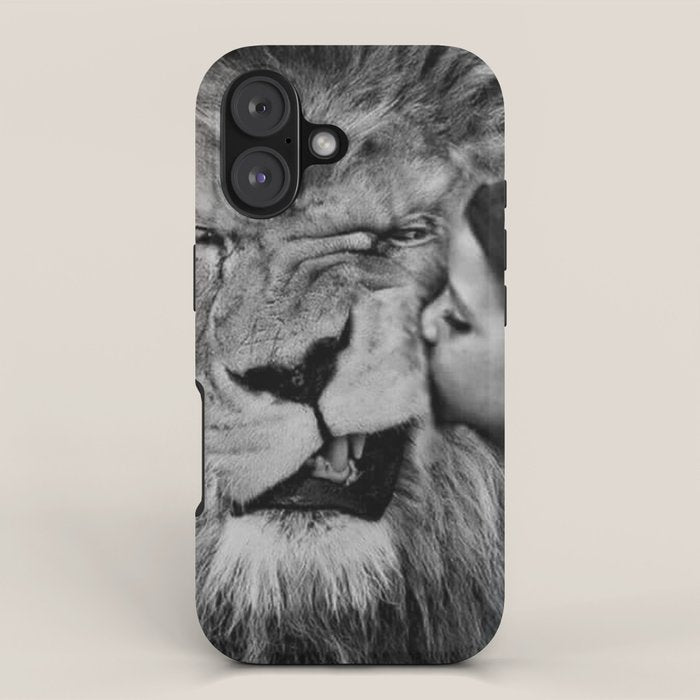 Grouchy Lion being kissed by brunette girl black and white photography iPhone Case Gallery Image 1