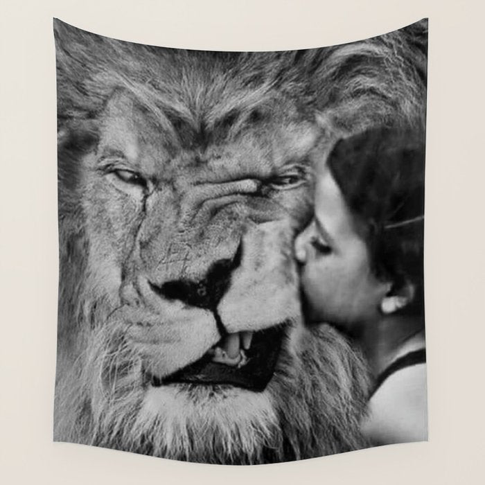 Grouchy Lion being kissed by brunette girl black and white photography Wall Tapestry Gallery Image 4