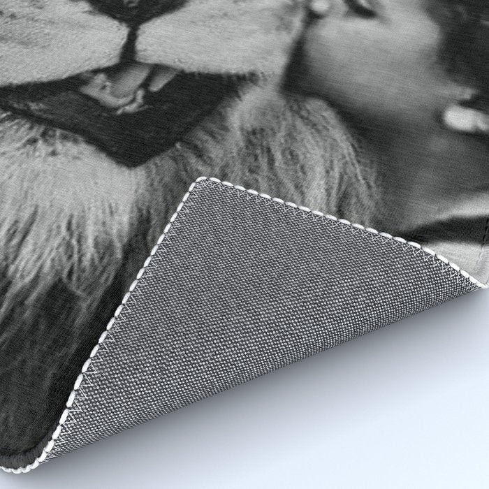 Grouchy Lion being kissed by brunette girl black and white photography Rug Gallery Image 4