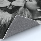 Grouchy Lion being kissed by brunette girl black and white photography Rug Gallery Image 4