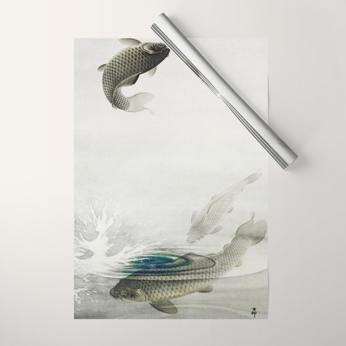 Three Carp Fish in the lake - Vintage Japanese Woodblock Print Art 1900s. Wrapping Paper Gallery Image 1