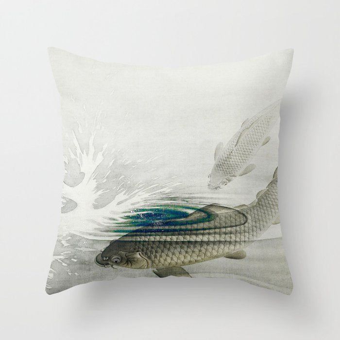 Three Carp Fish in the lake - Vintage Japanese Woodblock Print Art 1900s. Throw Pillow Gallery Image 6