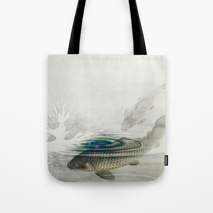 Three Carp Fish in the lake - Vintage Japanese Woodblock Print Art 1900s. Tote Bag Gallery Image 1