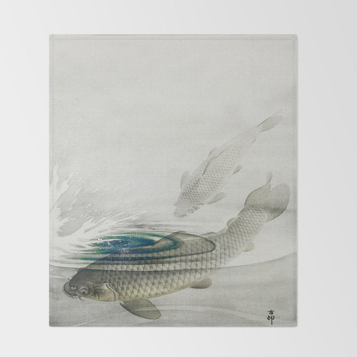 Three Carp Fish in the lake - Vintage Japanese Woodblock Print Art 1900s. Throw Blanket Gallery Image 2