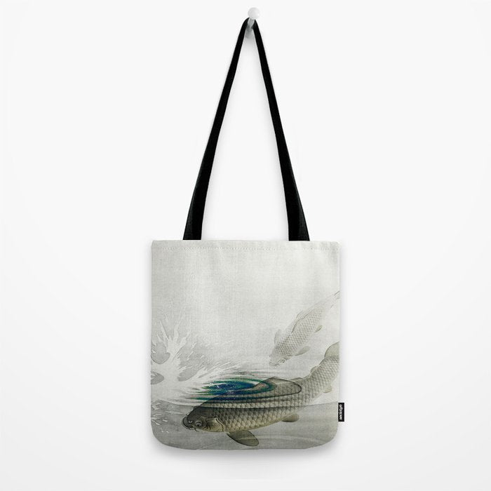 Three Carp Fish in the lake - Vintage Japanese Woodblock Print Art 1900s. Tote Bag Gallery Image 2