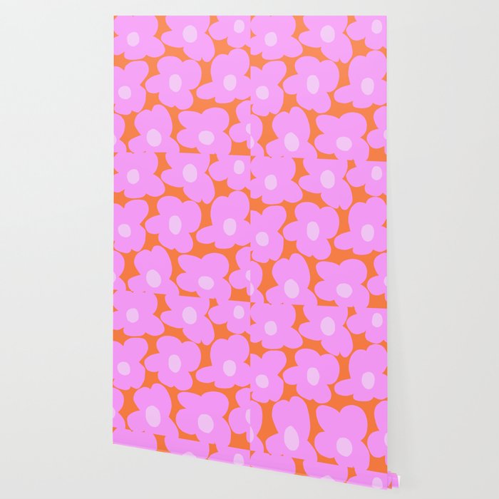 Pastel Pink Retro Flowers Orange Background #decor #society6 #buyart Wallpaper Gallery Image 2