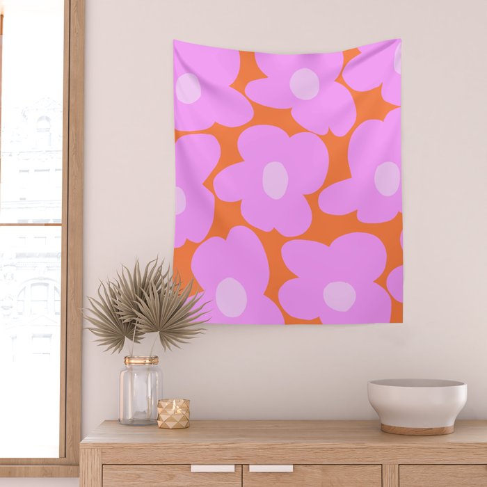 Pastel Pink Retro Flowers Orange Background #decor #society6 #buyart Wall Tapestry Gallery Image 2