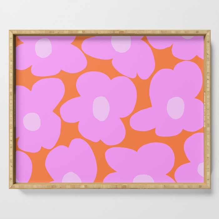 Pastel Pink Retro Flowers Orange Background #decor #society6 #buyart Serving Tray Gallery Image 1