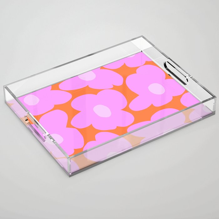 Pastel Pink Retro Flowers Orange Background #decor #society6 #buyart Acrylic Tray Gallery Image 1