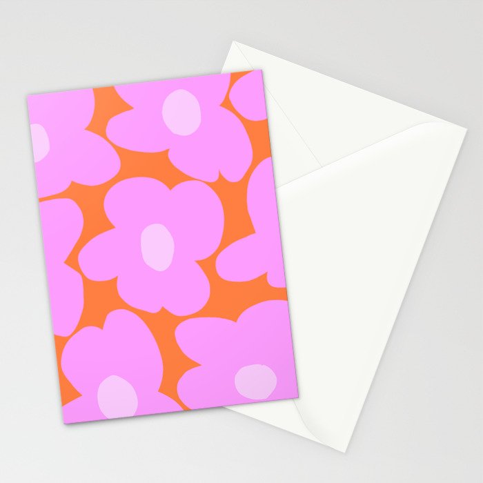 Pastel Pink Retro Flowers Orange Background #decor #society6 #buyart Stationery Card Gallery Image 2