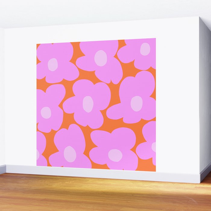 Pastel Pink Retro Flowers Orange Background #decor #society6 #buyart Wall Mural Gallery Image 2
