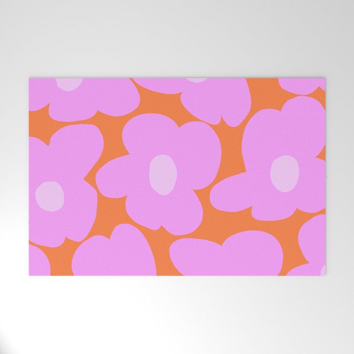 Pastel Pink Retro Flowers Orange Background #decor #society6 #buyart Welcome Mat Gallery Image 1