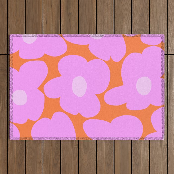 Pastel Pink Retro Flowers Orange Background #decor #society6 #buyart Outdoor Rug Gallery Image 1