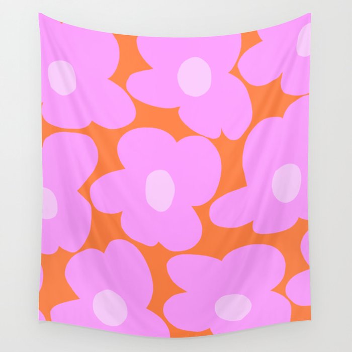 Pastel Pink Retro Flowers Orange Background #decor #society6 #buyart Wall Tapestry Gallery Image 4