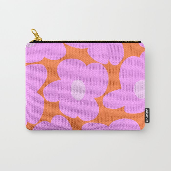 Pastel Pink Retro Flowers Orange Background #decor #society6 #buyart Carry All Pouch Gallery Image 1