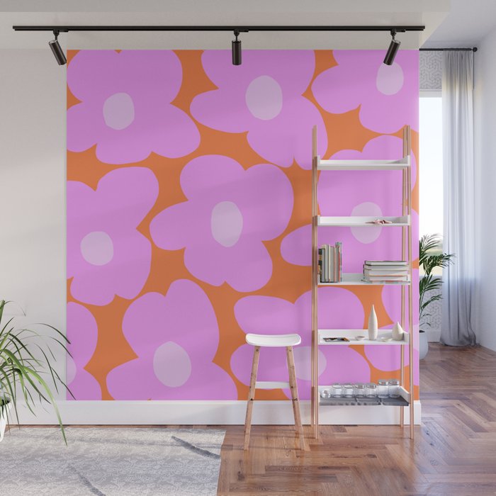 Pastel Pink Retro Flowers Orange Background #decor #society6 #buyart Wall Mural Gallery Image 1