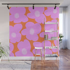 Pastel Pink Retro Flowers Orange Background #decor #society6 #buyart Wall Mural Gallery Image 1