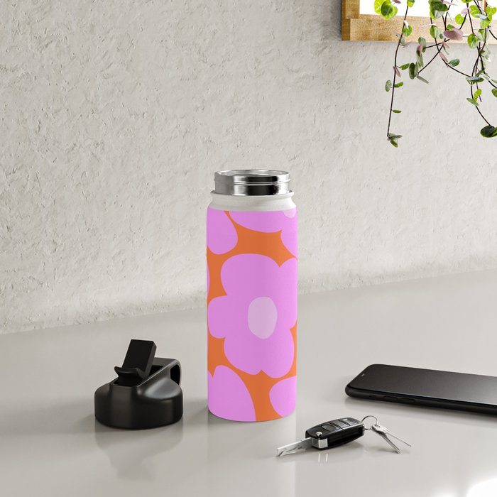 Pastel Pink Retro Flowers Orange Background #decor #society6 #buyart Water Bottle Gallery Image 4