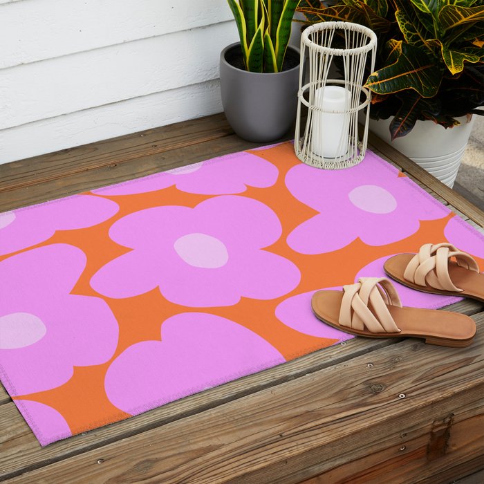 Pastel Pink Retro Flowers Orange Background #decor #society6 #buyart Outdoor Rug Gallery Image 2