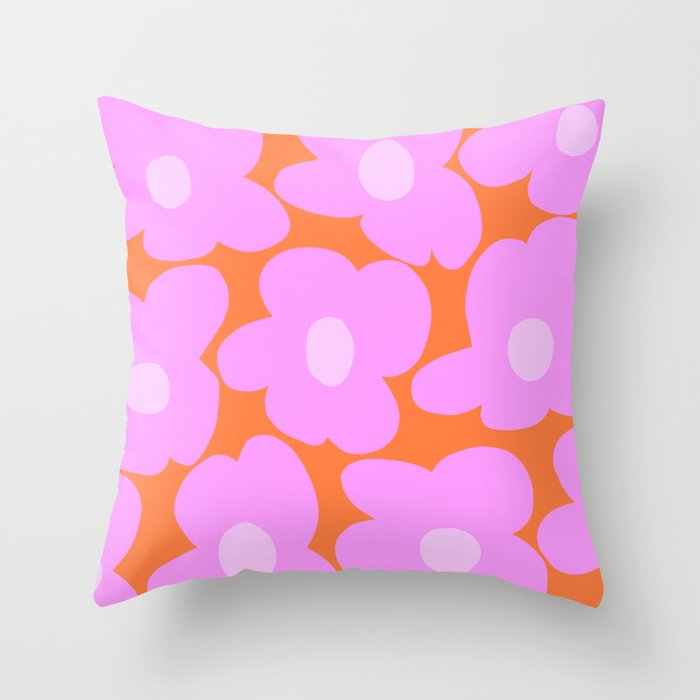 Pastel Pink Retro Flowers Orange Background #decor #society6 #buyart Throw Pillow Gallery Image 1