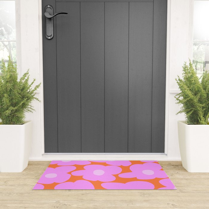 Pastel Pink Retro Flowers Orange Background #decor #society6 #buyart Welcome Mat Gallery Image 3