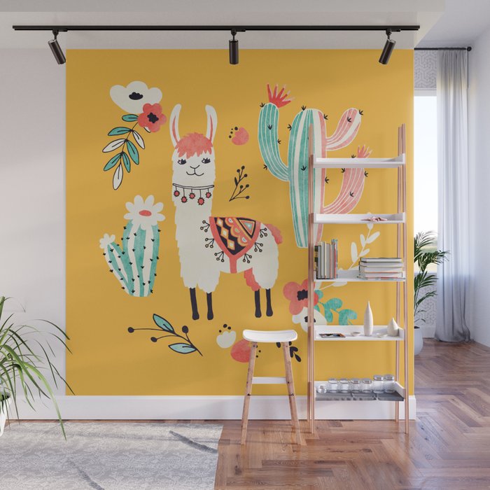 White Llama with flowers Wall Mural Gallery Image 1