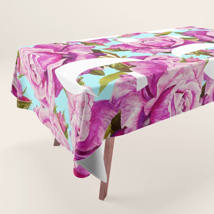 Love, Floral Typography Valentine's Graphic Design, Eclectic Modern Boho Botanical Rose Illustration Tablecloth Gallery Image 1