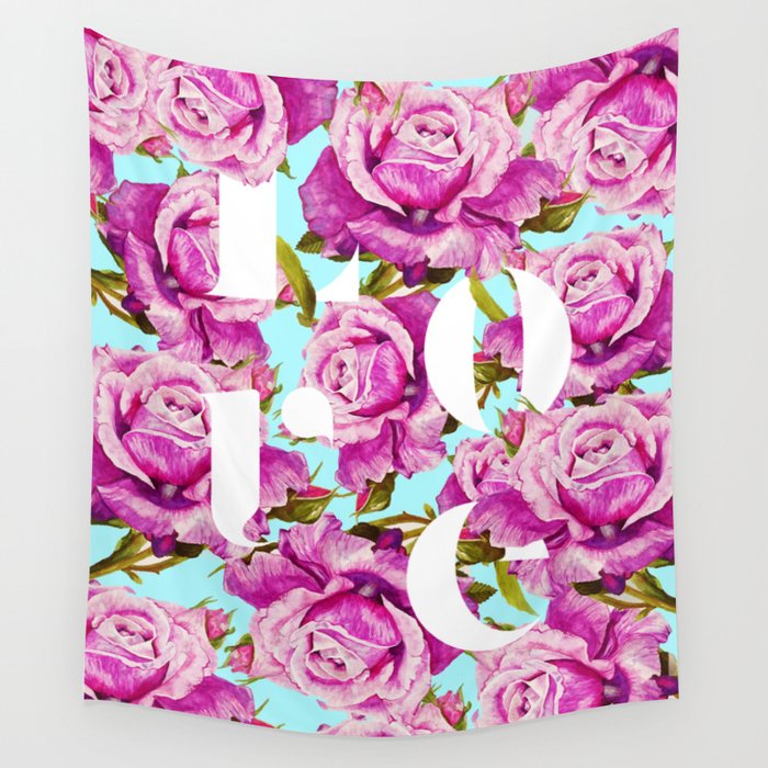 Love, Floral Typography Valentine's Graphic Design, Eclectic Modern Boho Botanical Rose Illustration Wall Tapestry Gallery Image 4