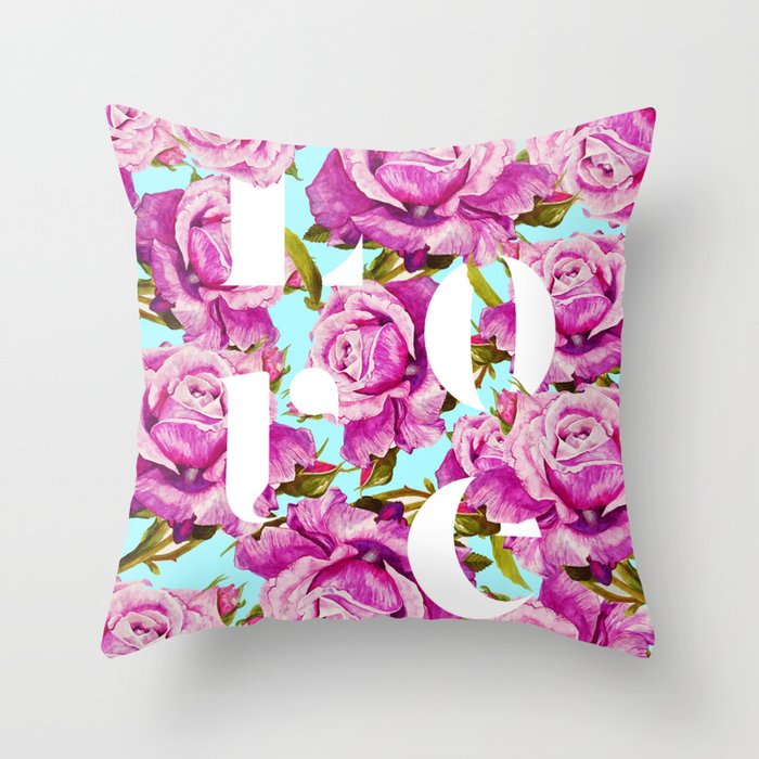 Love, Floral Typography Valentine's Graphic Design, Eclectic Modern Boho Botanical Rose Illustration Throw Pillow Gallery Image 1