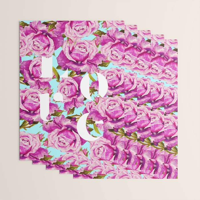 Love, Floral Typography Valentine's Graphic Design, Eclectic Modern Boho Botanical Rose Illustration Wrapping Paper Gallery Image 3
