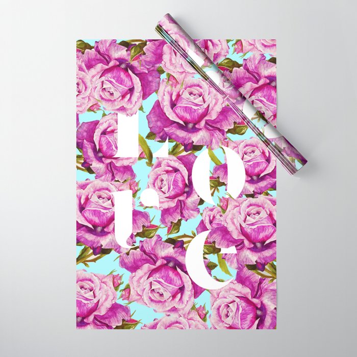 Love, Floral Typography Valentine's Graphic Design, Eclectic Modern Boho Botanical Rose Illustration Wrapping Paper Gallery Image 1