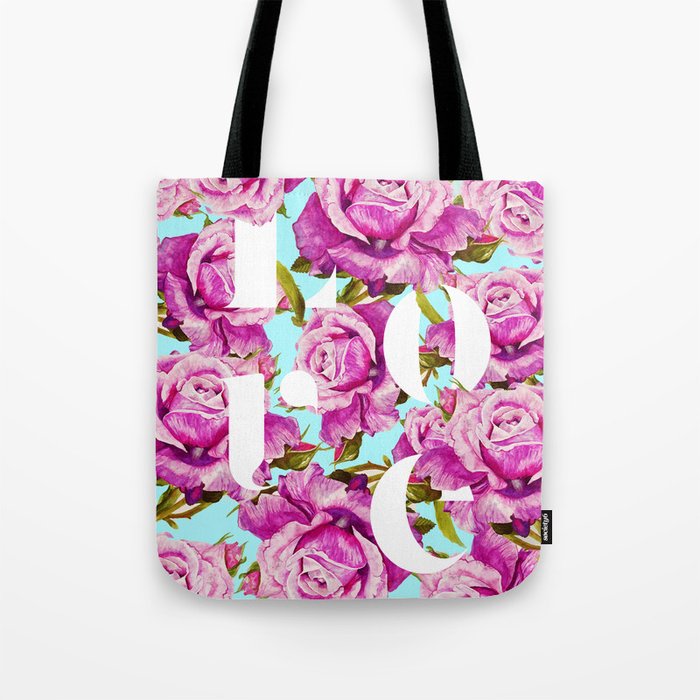 Love, Floral Typography Valentine's Graphic Design, Eclectic Modern Boho Botanical Rose Illustration Tote Bag Gallery Image 1